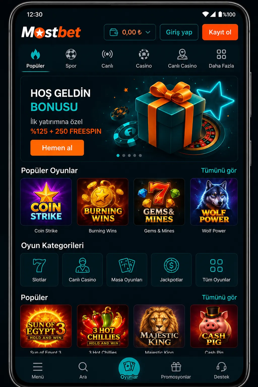 Mostbet app içindeki ana bölümler