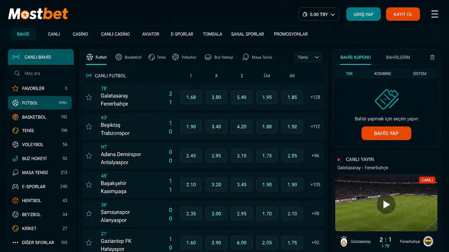 Mostbet’te spor bahisleri ve canlı etkinlikler