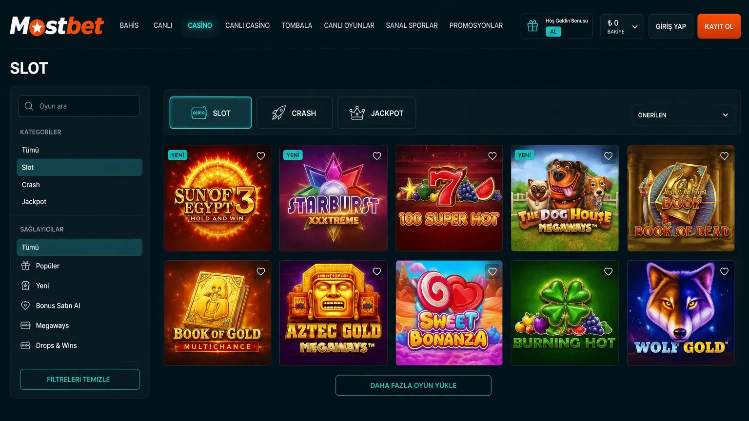 Mostbet casino: oyun kategorileri ve sağlayıcılar